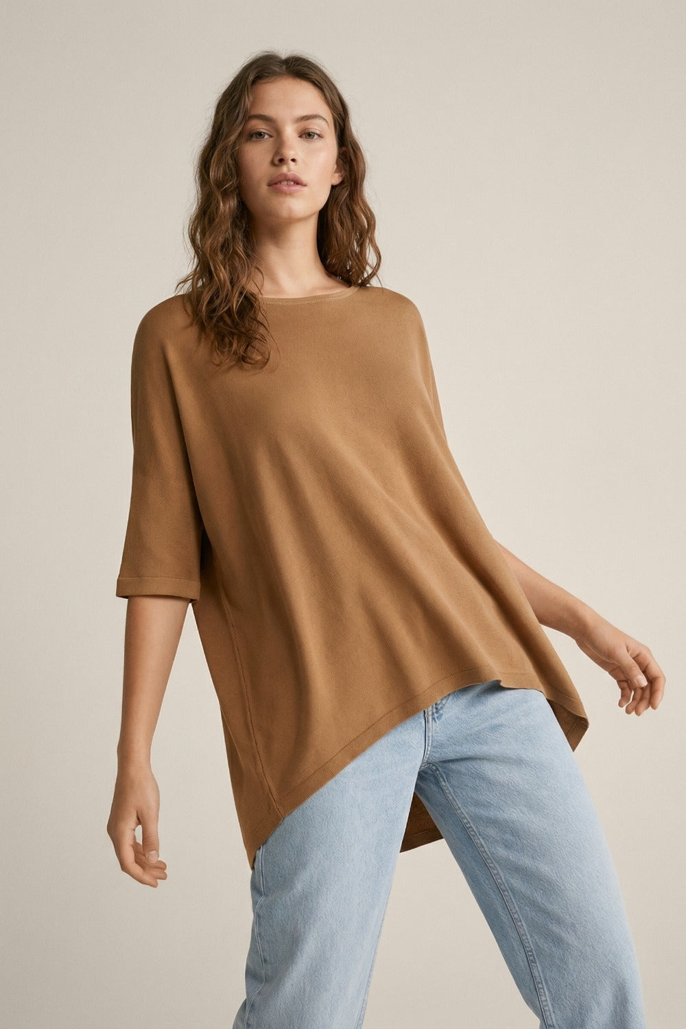 Oversized Sweater in Camel with Elbow- Length Sleeves