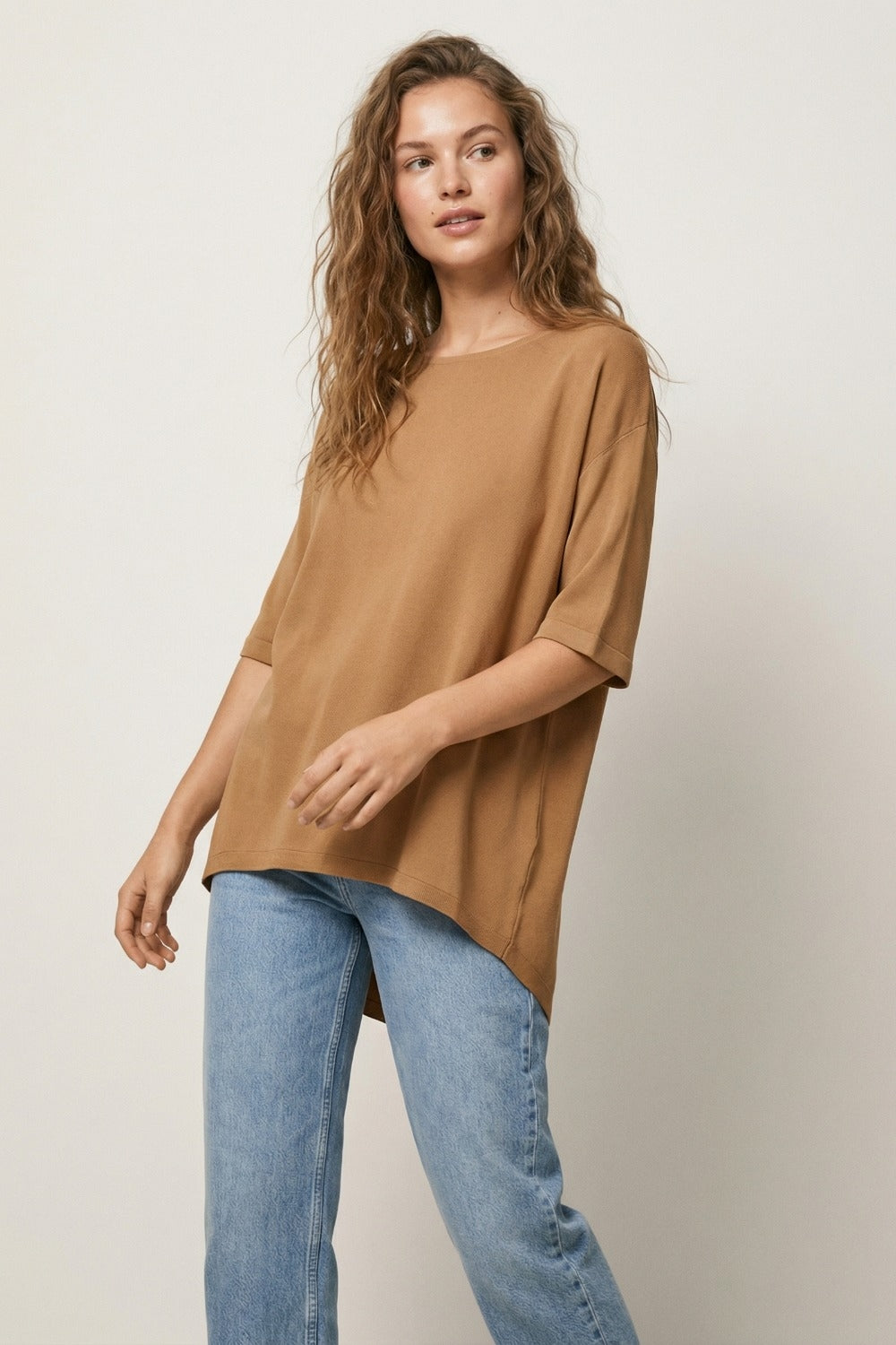 Oversized Sweater in Camel with Elbow- Length Sleeves