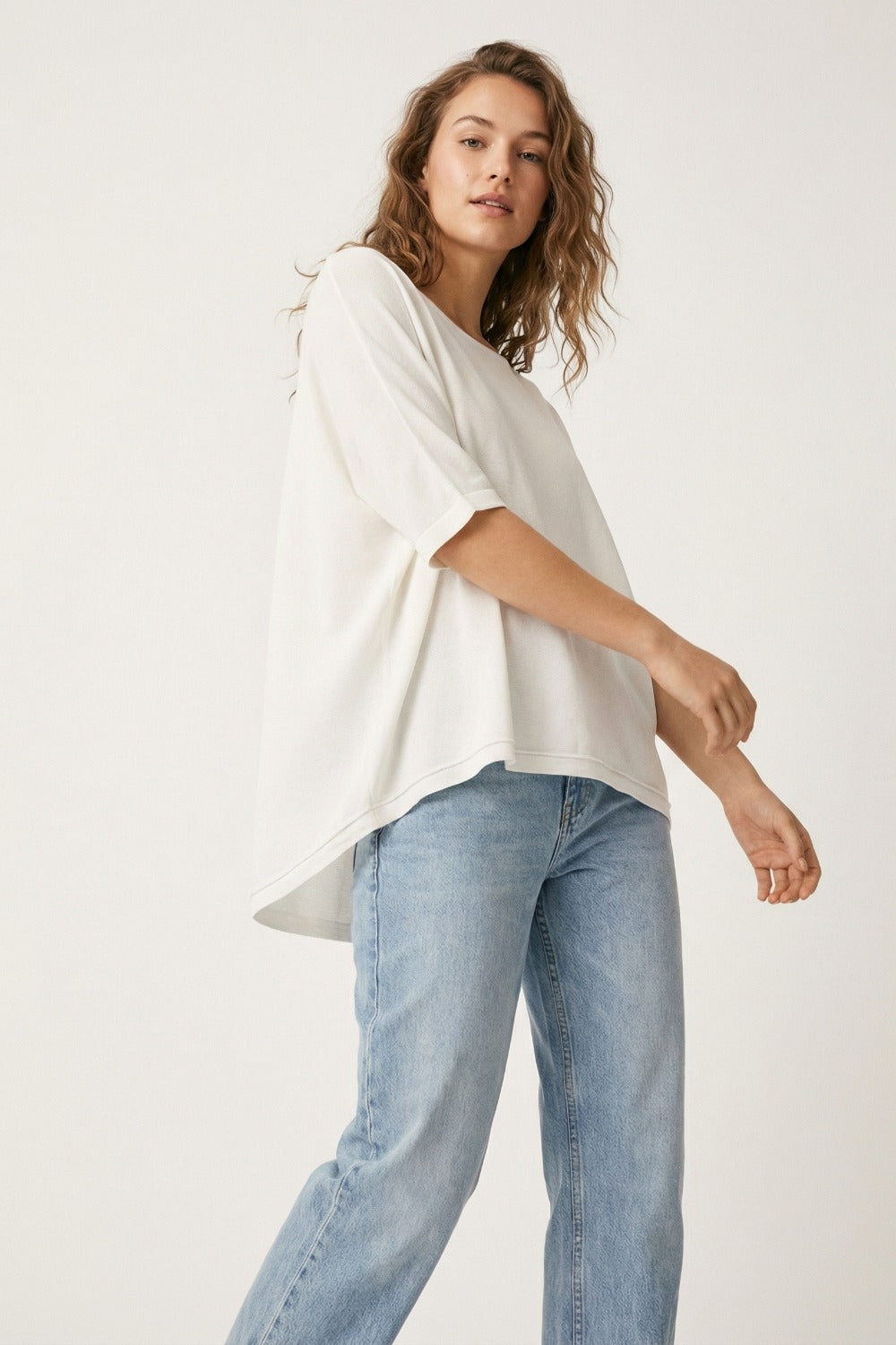 Oversized Sweater in White with Elbow-Length Sleeves