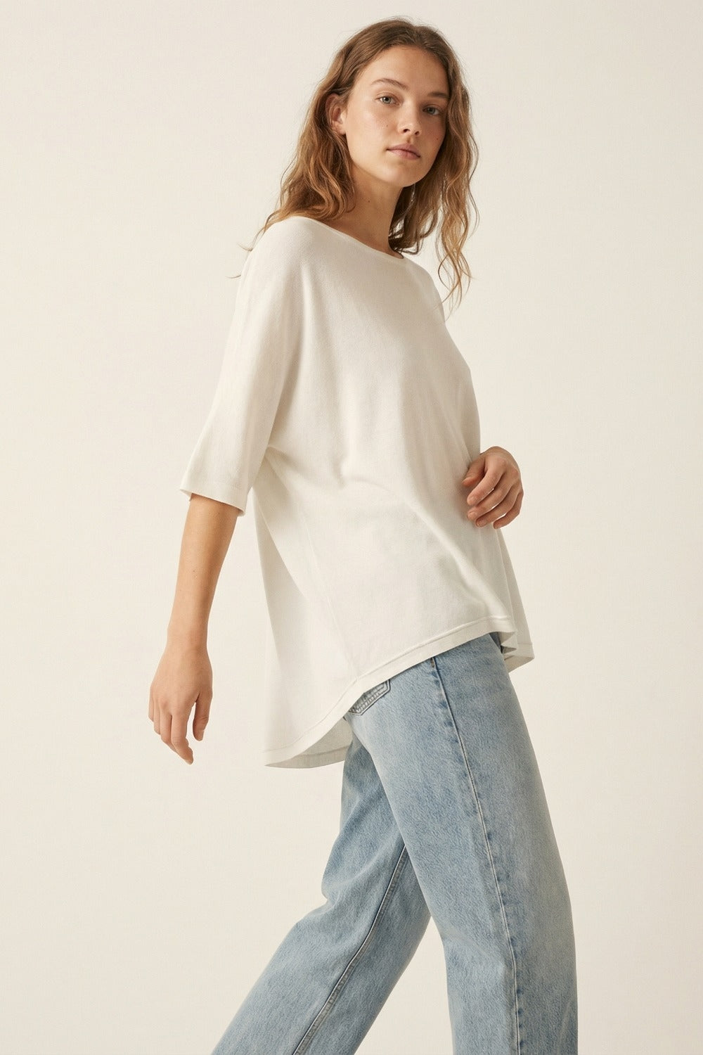 Oversized Sweater in White with Elbow-Length Sleeves