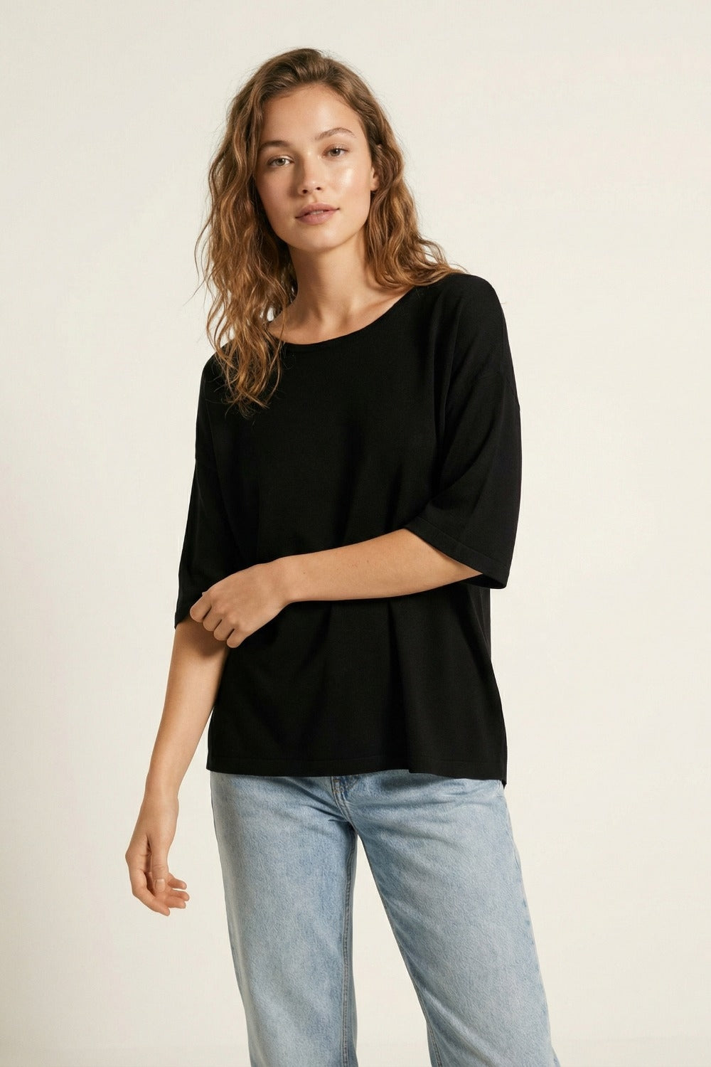 Oversized Sweater in Black with Elbow-Length Sleeves