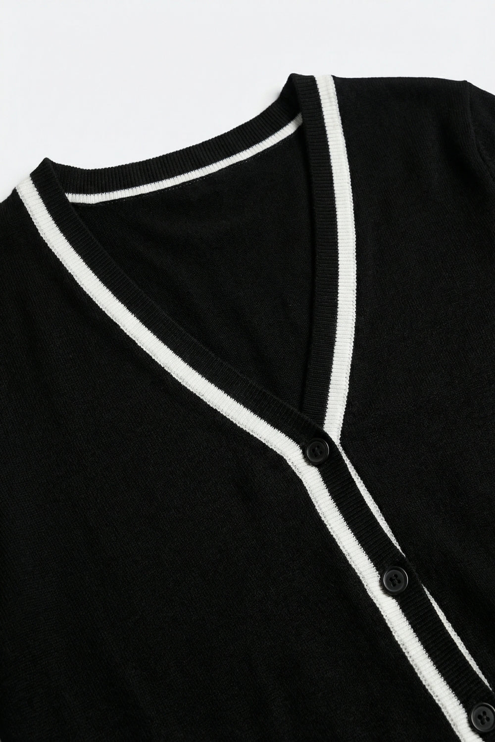 Black Fine Knit Cardigan with Contrast Trim in white