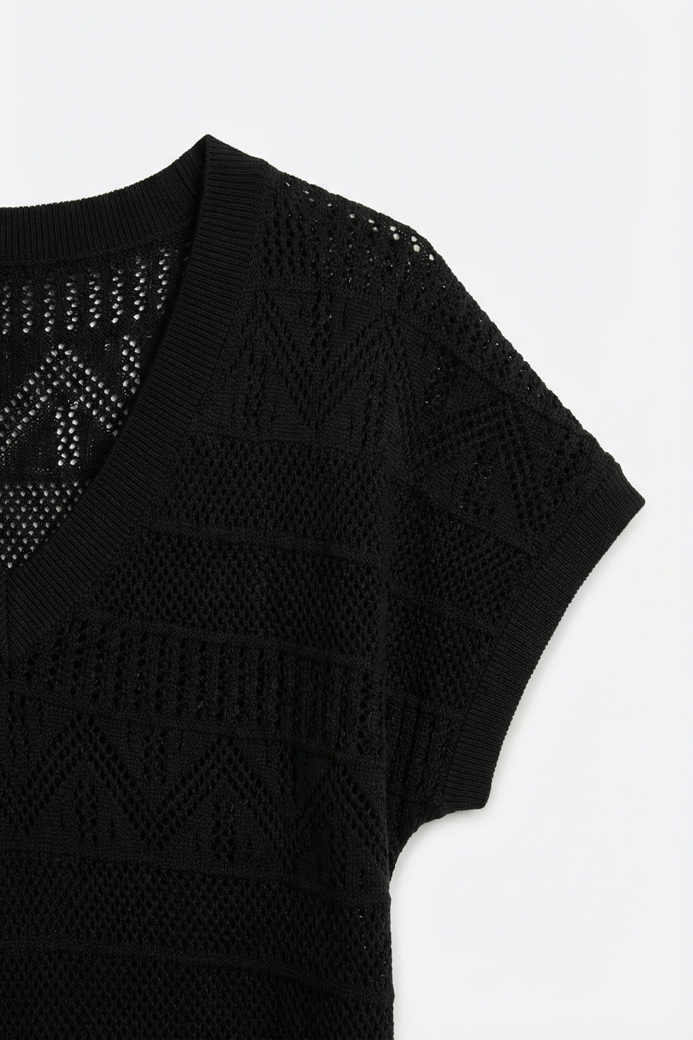 Black V-Neck Crochet Knit Top with Cap Sleeves