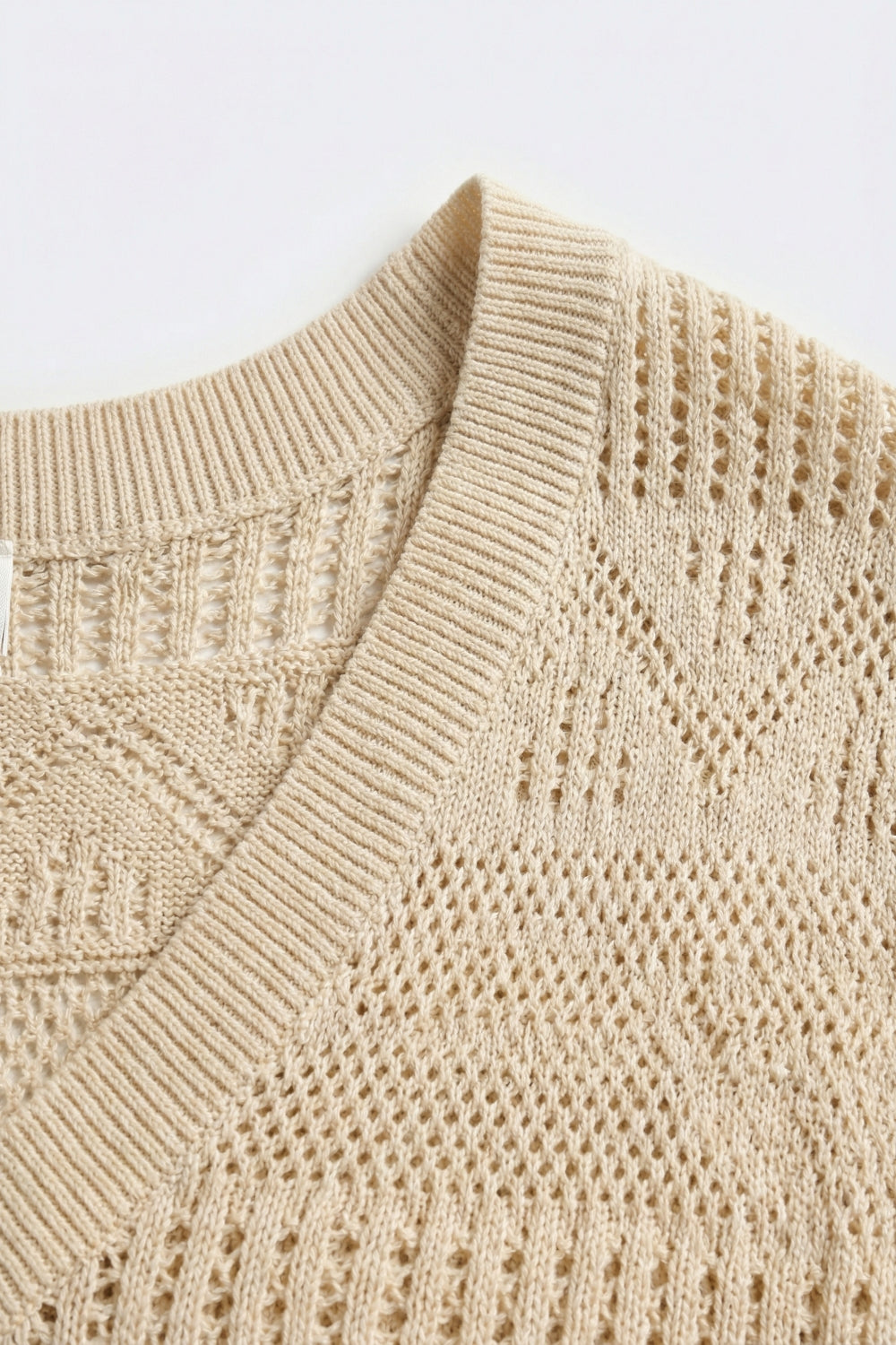 Beige Knit V-Neck Cap Sleeve Sweater Top