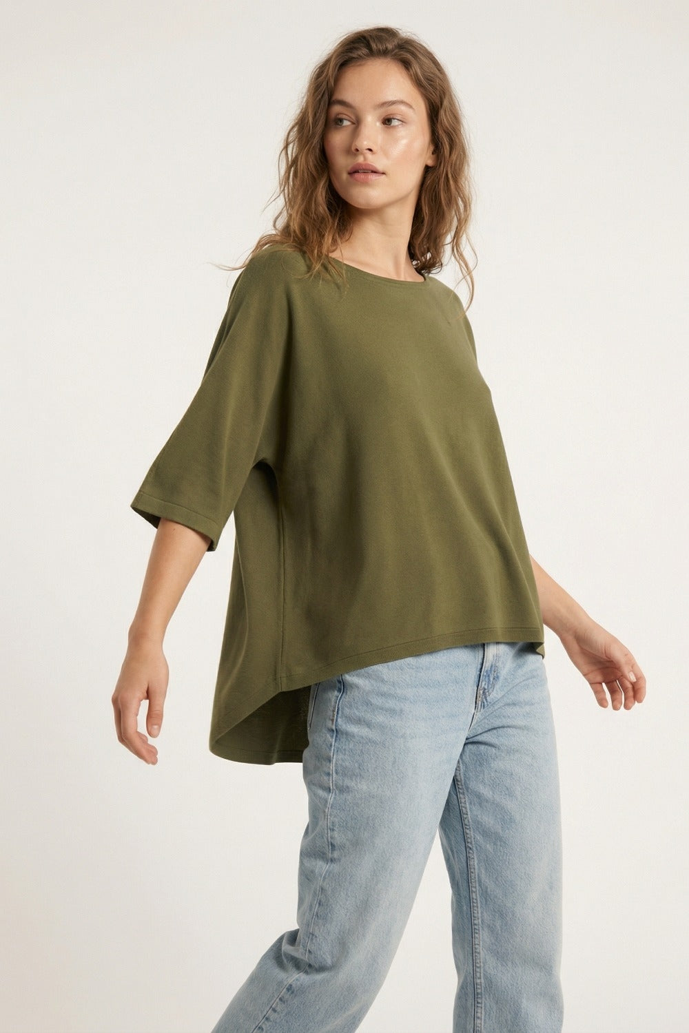 Oversized sweater in khaki with Elbow-Length Sleeves