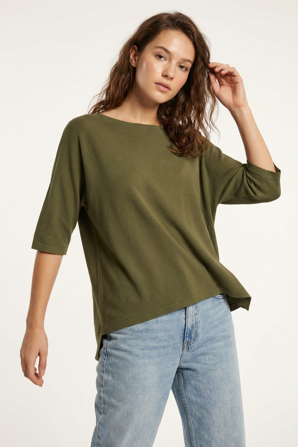 Oversized sweater in khaki with Elbow-Length Sleeves
