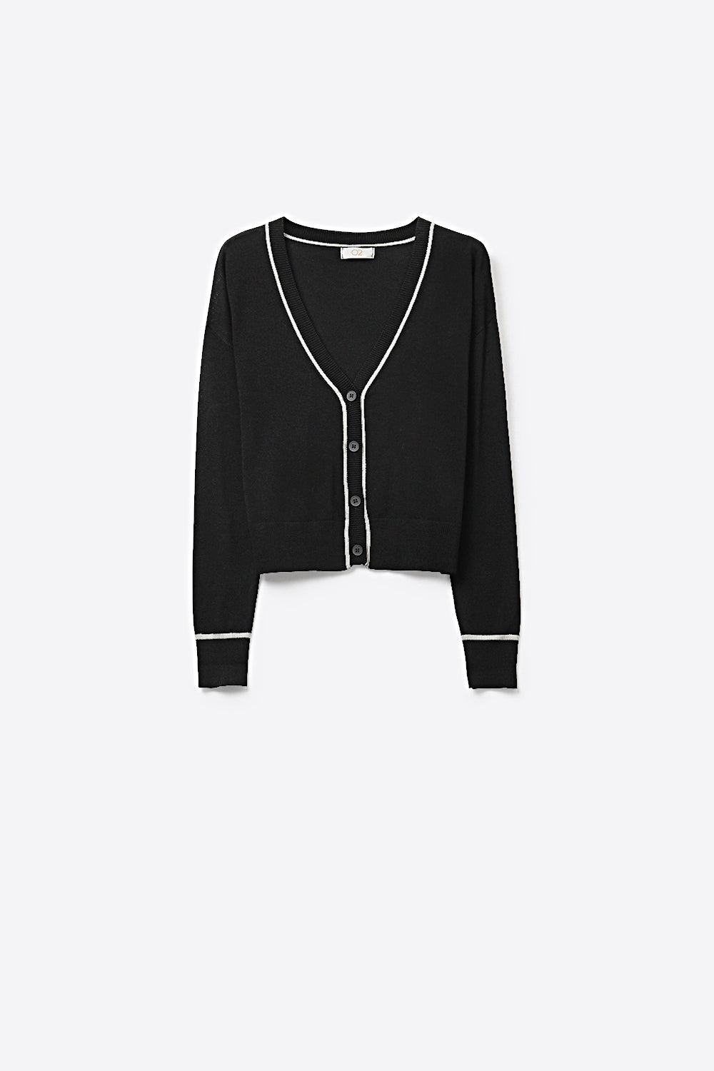 Black Fine Knit Cardigan with Contrast Trim in white