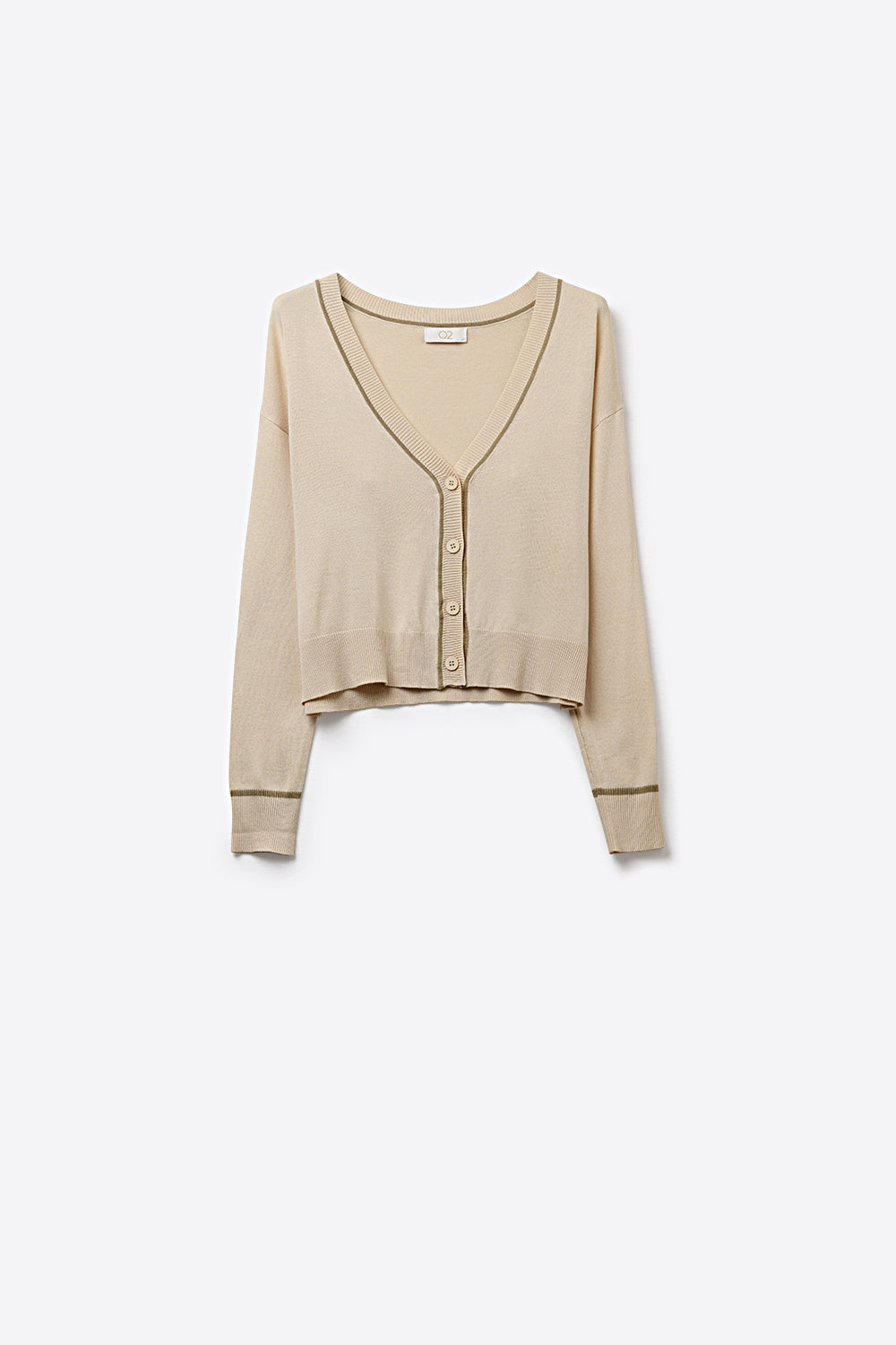 Beige Fine Knit Cardigan with Contrast Trim in brown