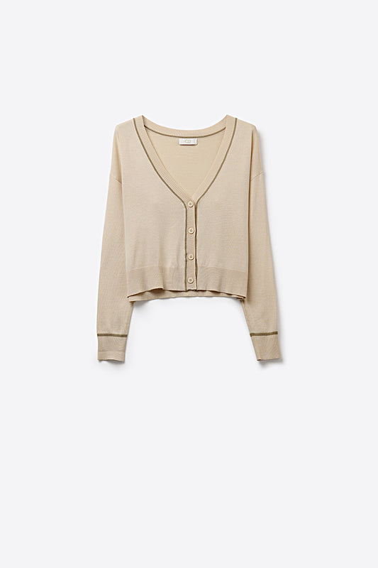 Beige Fine Knit Cardigan with Contrast Trim in brown