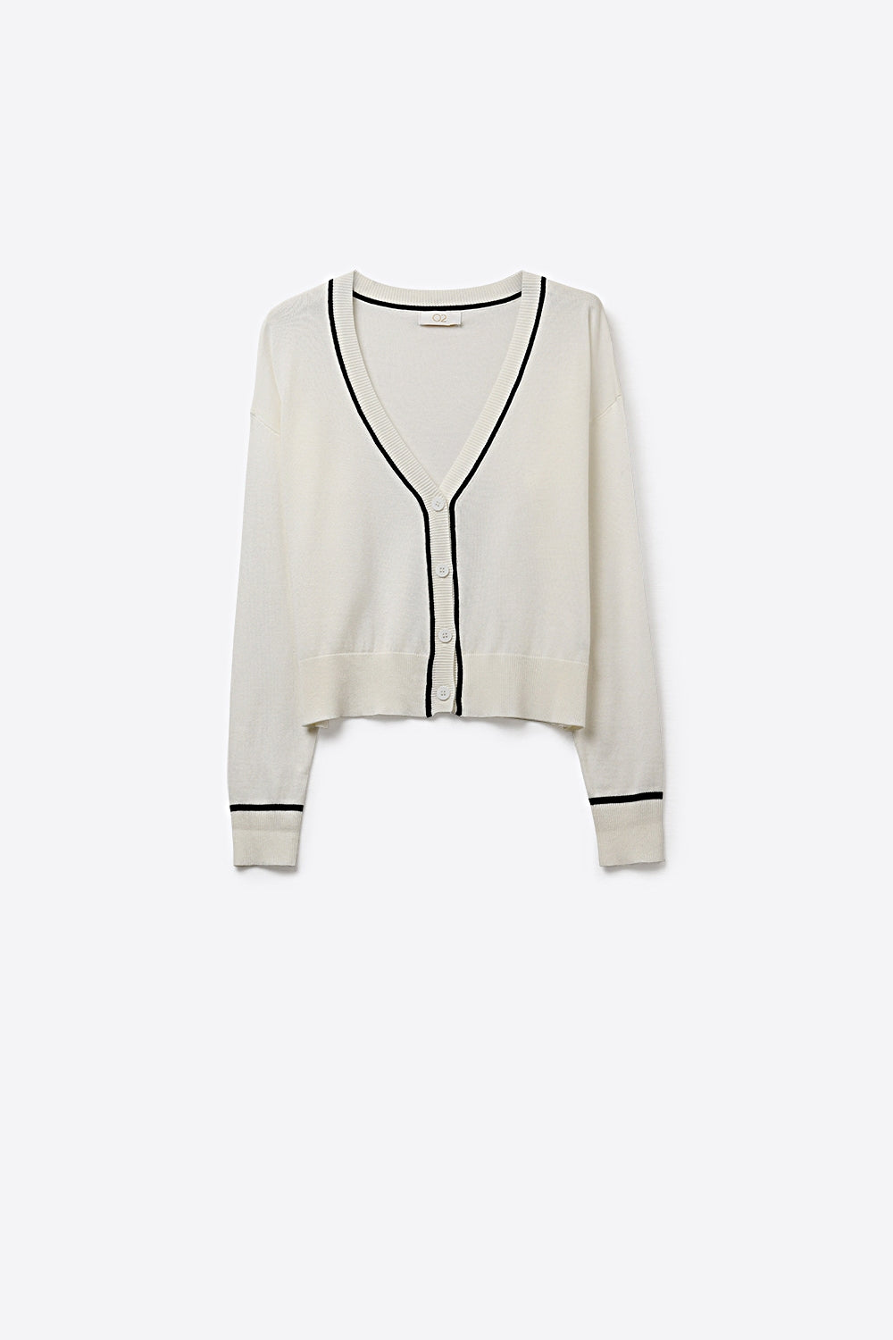 White Fine Knit Cardigan with Contrast Trim in black