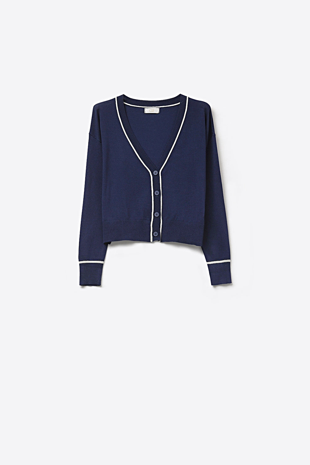 Navy Fine Knit Cardigan with Contrast Trim in white