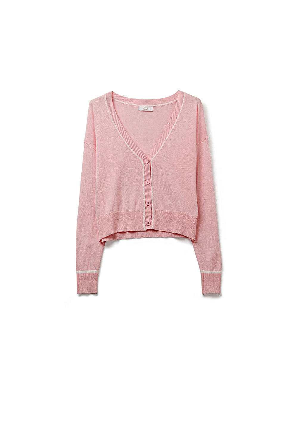 Pink Fine Knit Cardigan with Contrast Trim in white