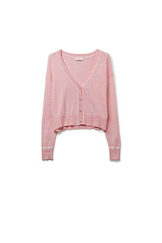 Pink Fine Knit Cardigan with Contrast Trim in white