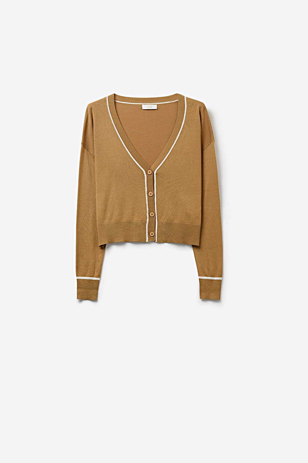 Camel Fine Knit Cardigan with Contrast Trim in white