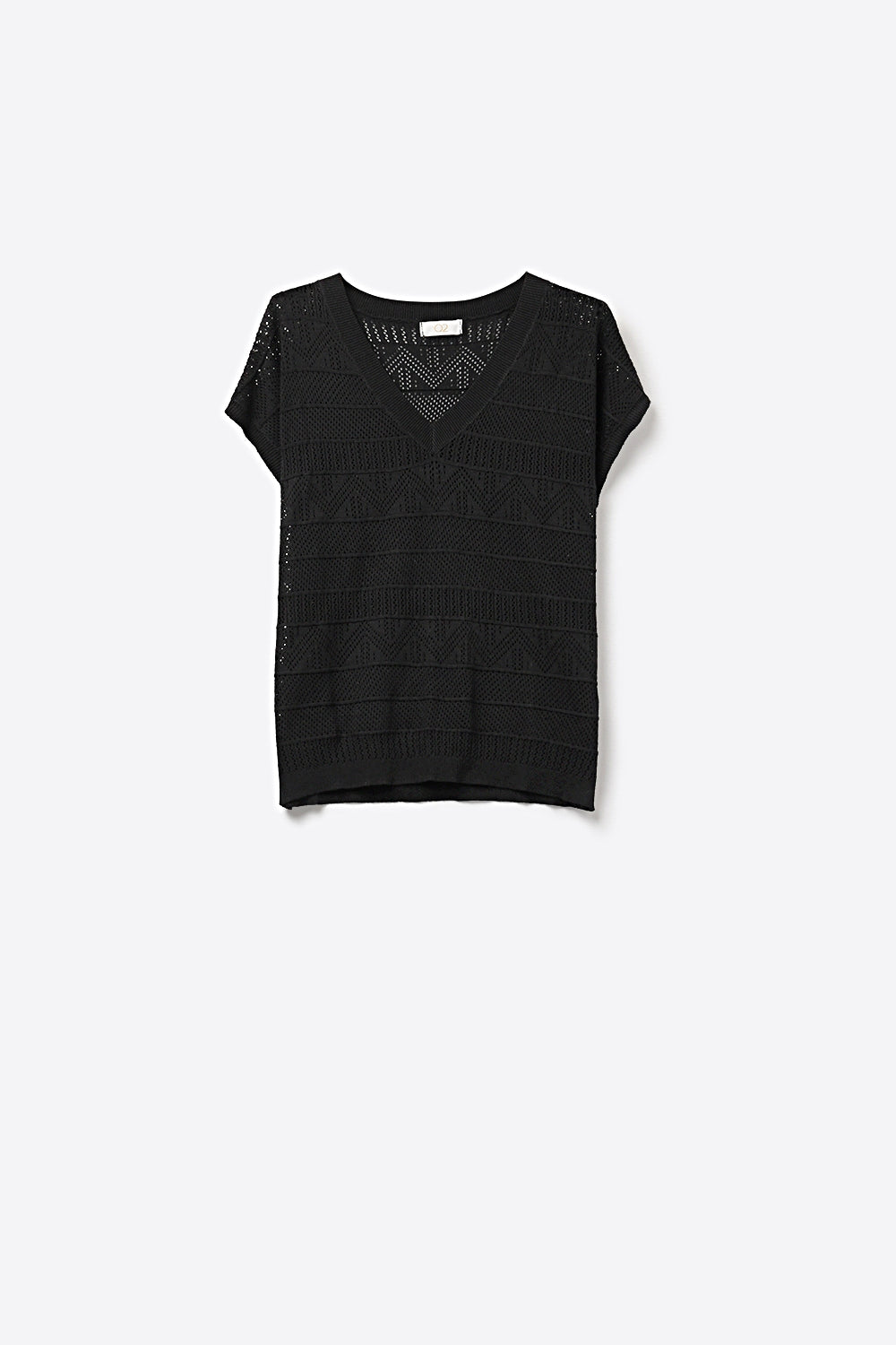 Black V-Neck Crochet Knit Top with Cap Sleeves