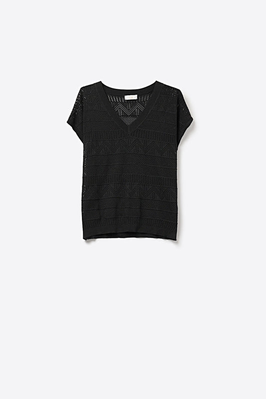 Black V-Neck Crochet Knit Top with Cap Sleeves