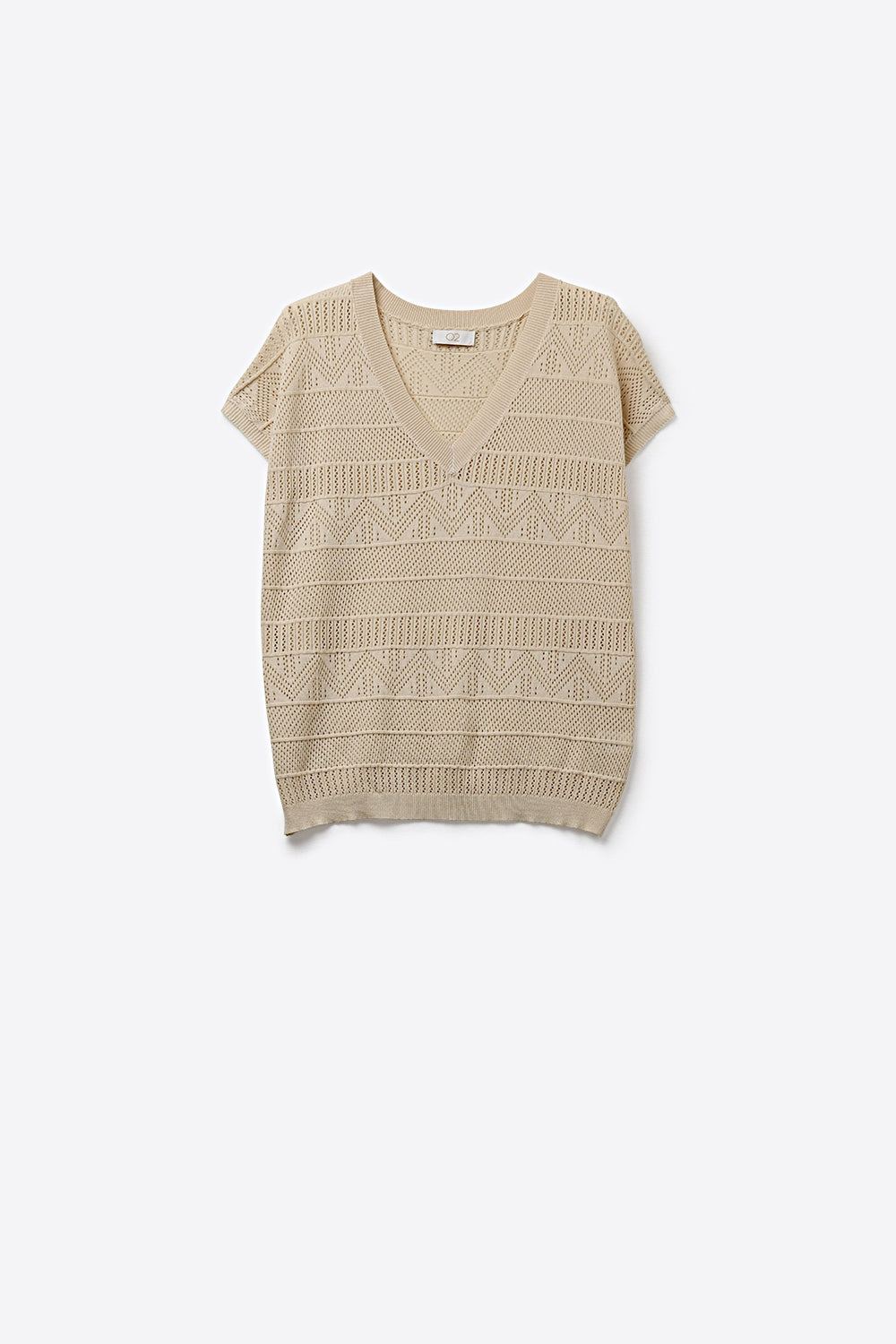 Beige Knit V-Neck Cap Sleeve Sweater Top
