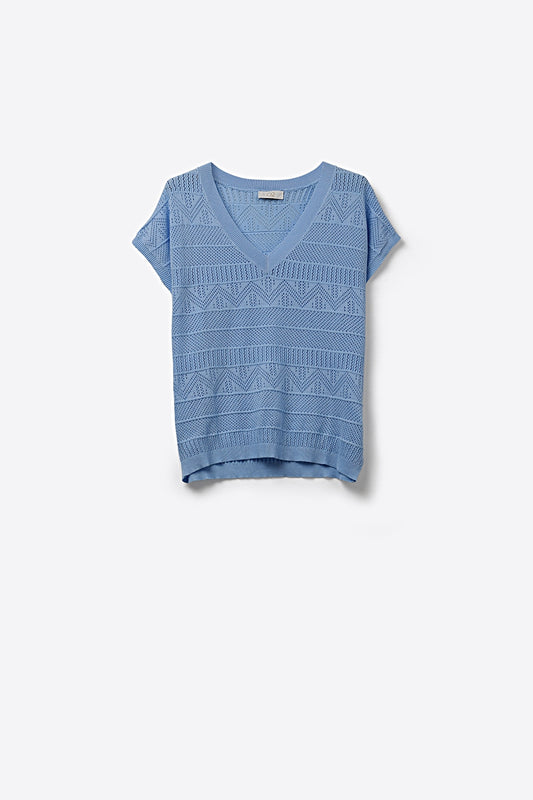 Light Blue Knit V-Neck Short Sleeve Top