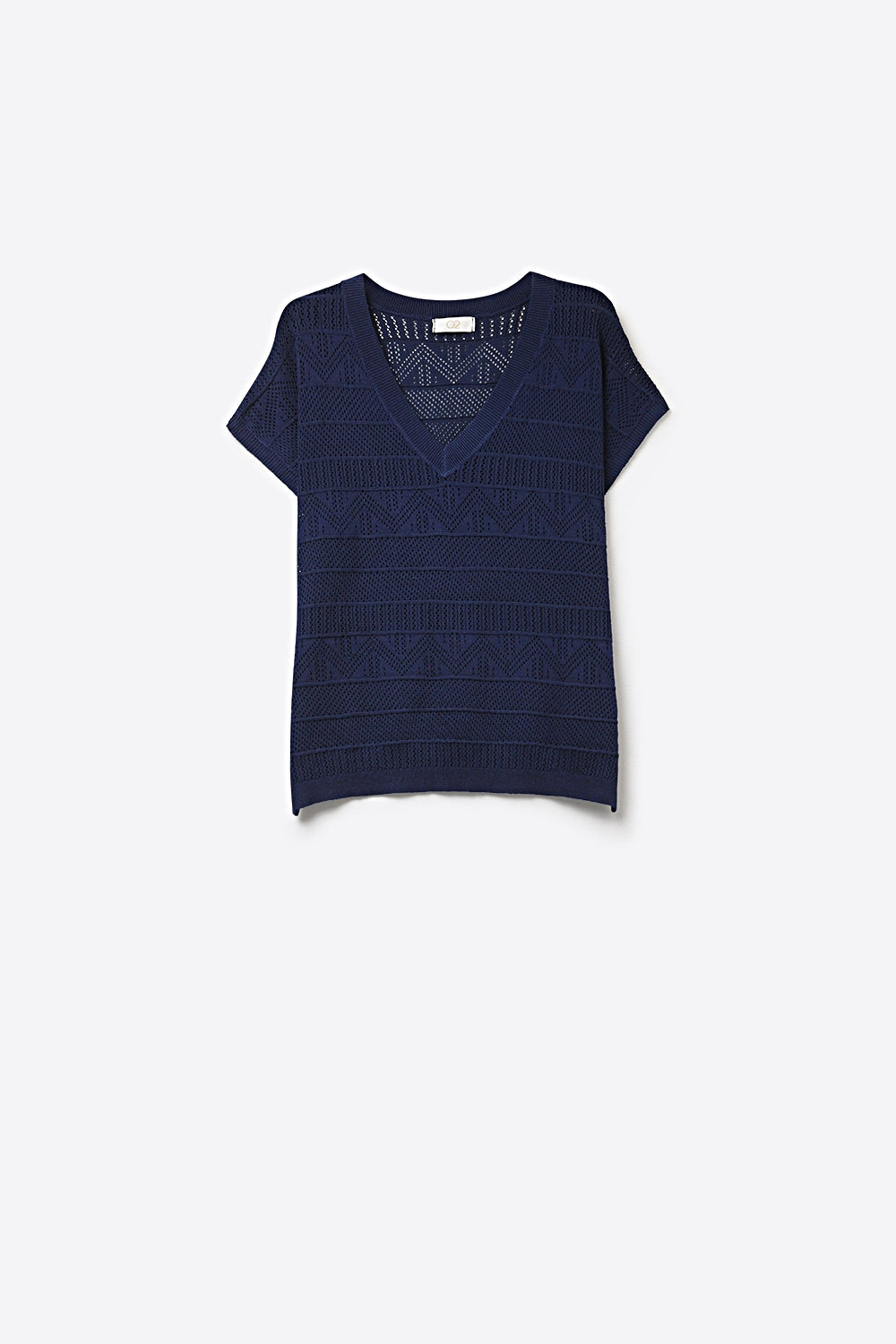 Navy V-Neck Knit Top with Lightweight Texture
