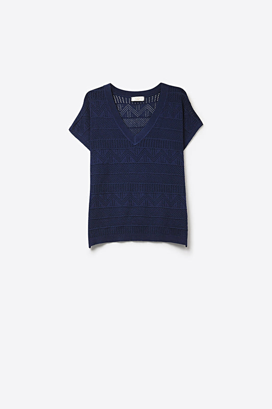 Navy V-Neck Knit Top with Lightweight Texture
