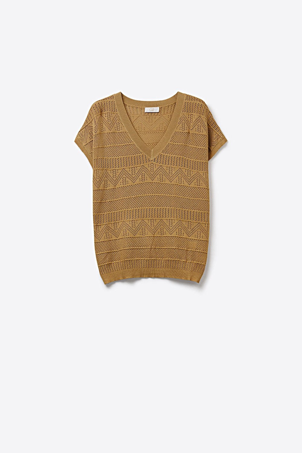 Camel Knit V-Neck Short Sleeve Sweater Vest