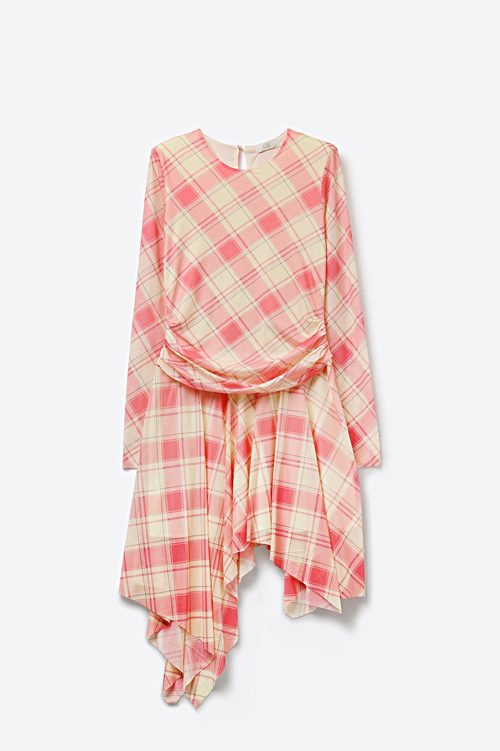 Mesh Fabric Plaid Long Sleeve Asymmetrical Dress in pink - dress