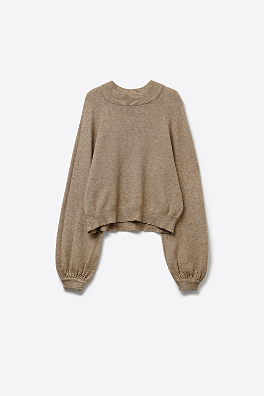 Beige Chunky Knit Sweater with Balloon Sleeves
