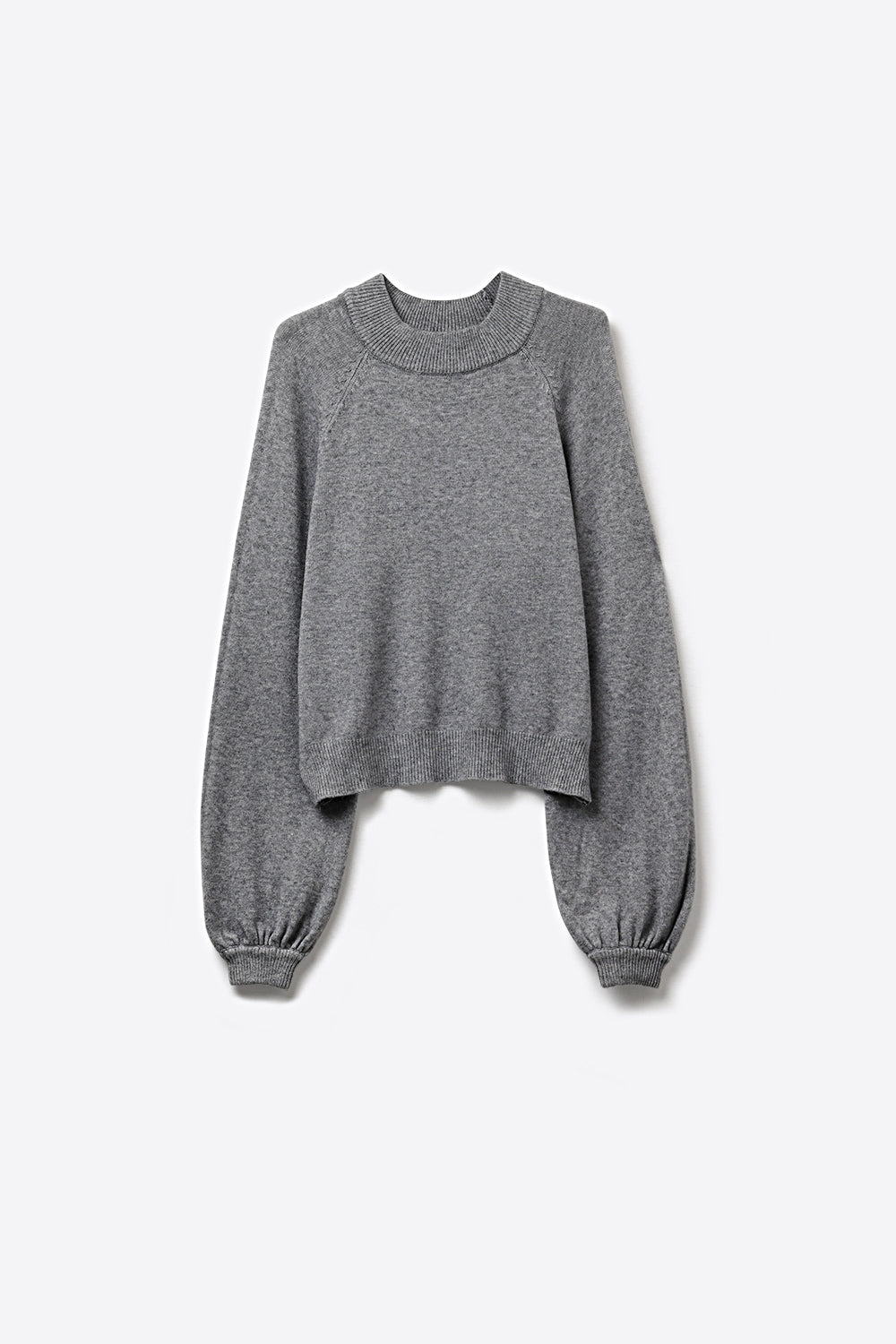 Grey Ribbed Knit Sweater with Balloon Sleeves