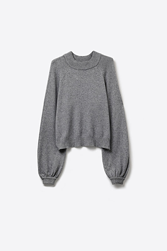 Grey Ribbed Knit Sweater with Balloon Sleeves