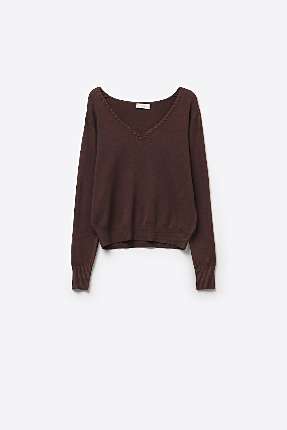 Fine Knit V-Neck Sweater with Decorative Neckline Detail in brown color - Jumpers