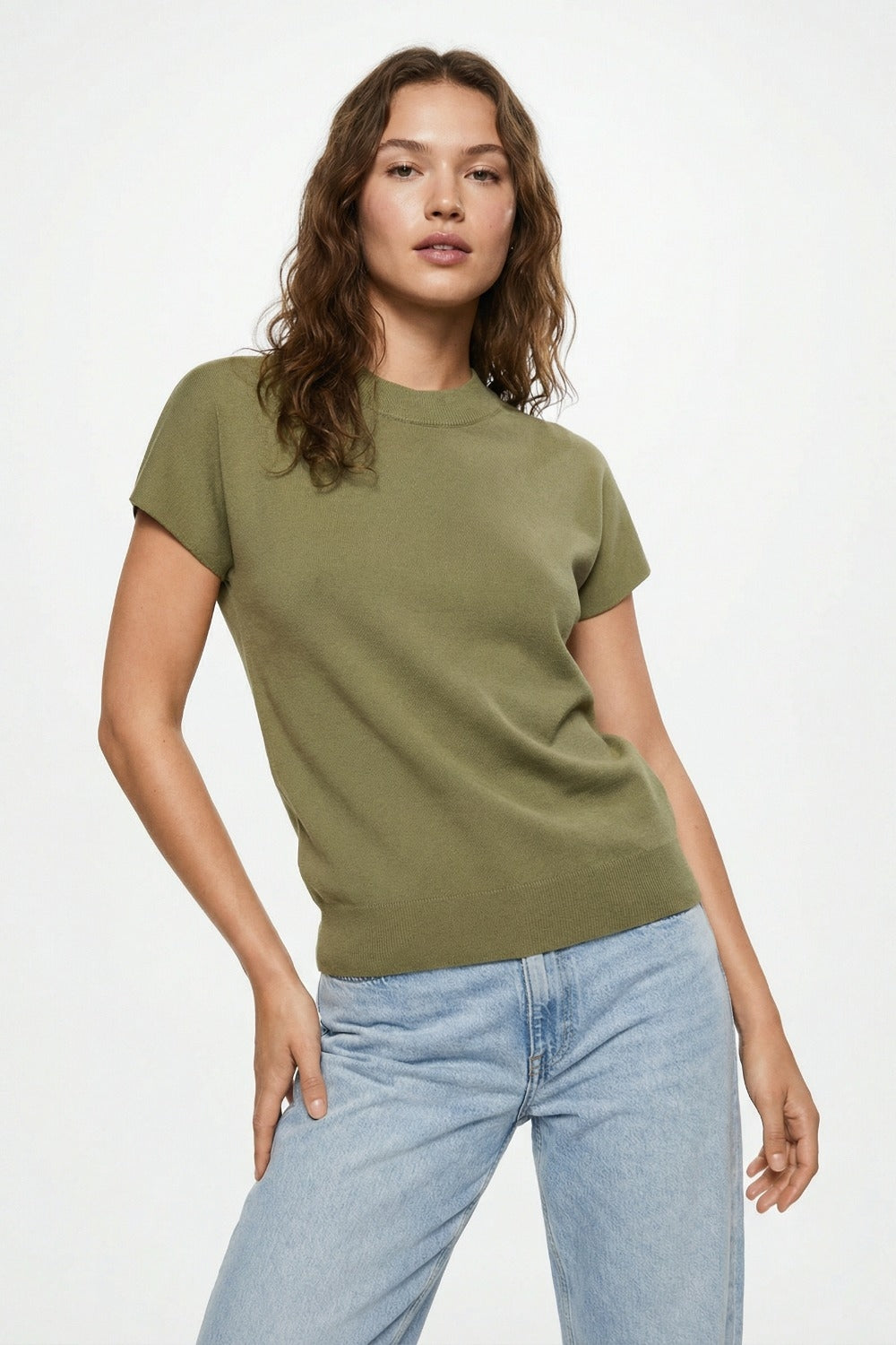 Khaki turtleneck sweater with fitted short sleeves - Jumpers