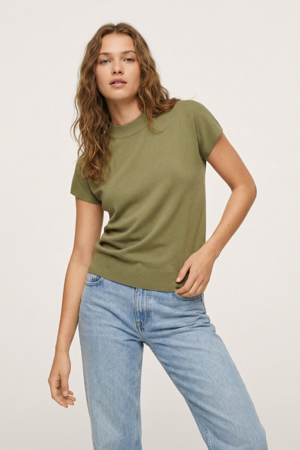 Khaki turtleneck sweater with fitted short sleeves - Jumpers