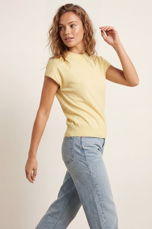 yellow turtleneck sweater with fitted short sleeves