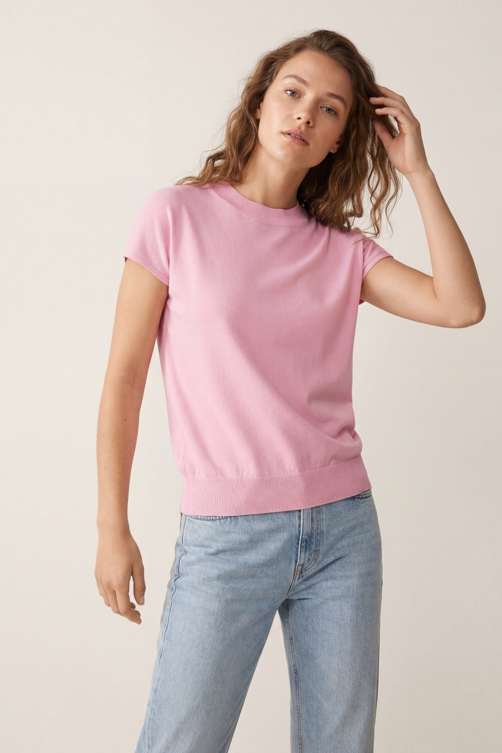 Baby pink turtleneck sweater with fitted short sleeves - Jumpers