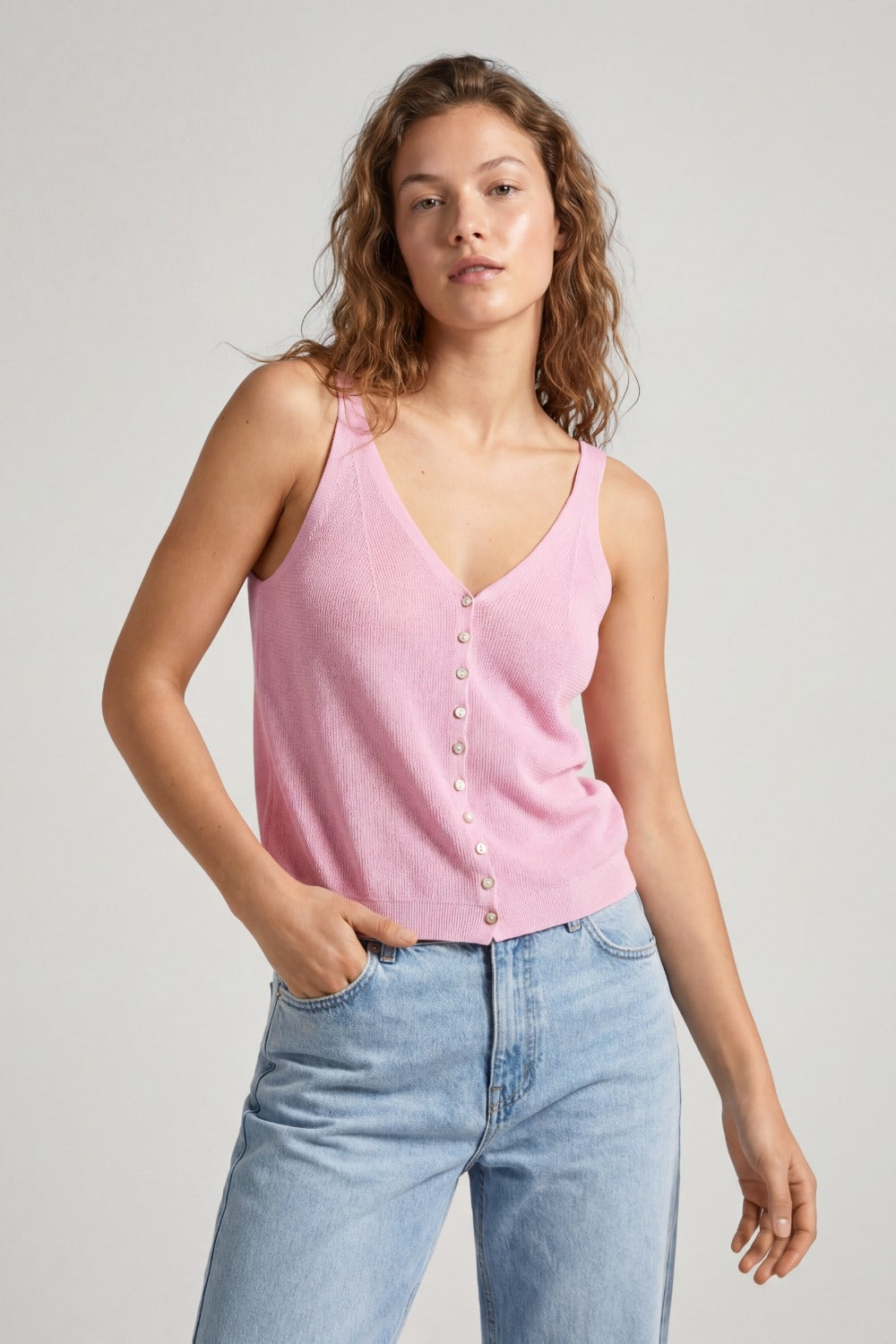 Baby pink Knit Buttoned Crop Top
