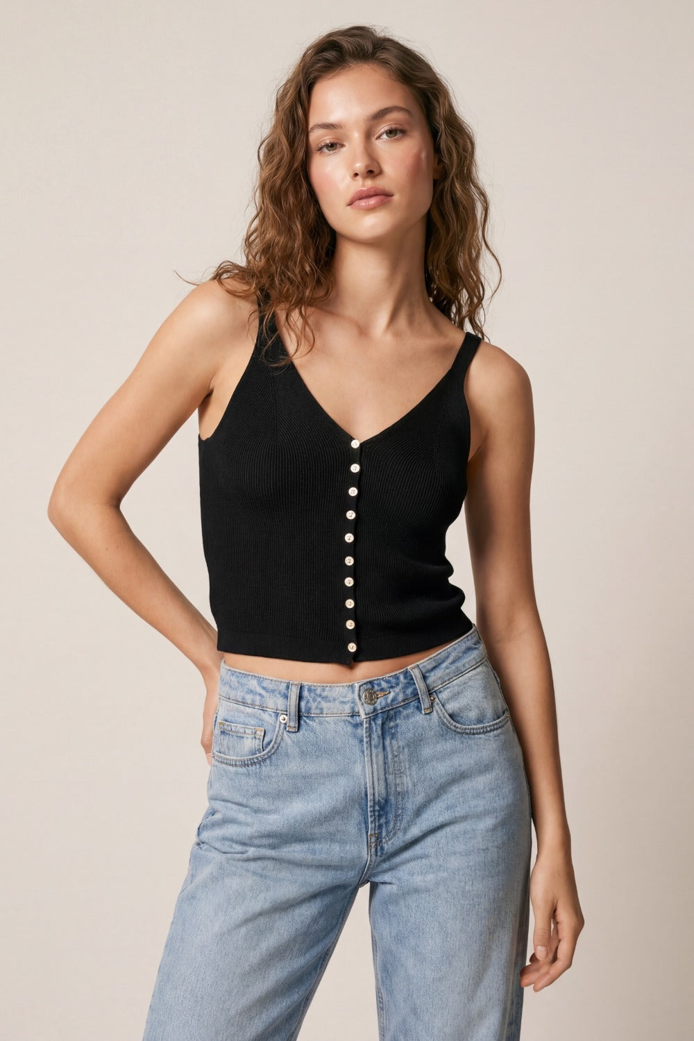 black Knit Buttoned Crop Top
