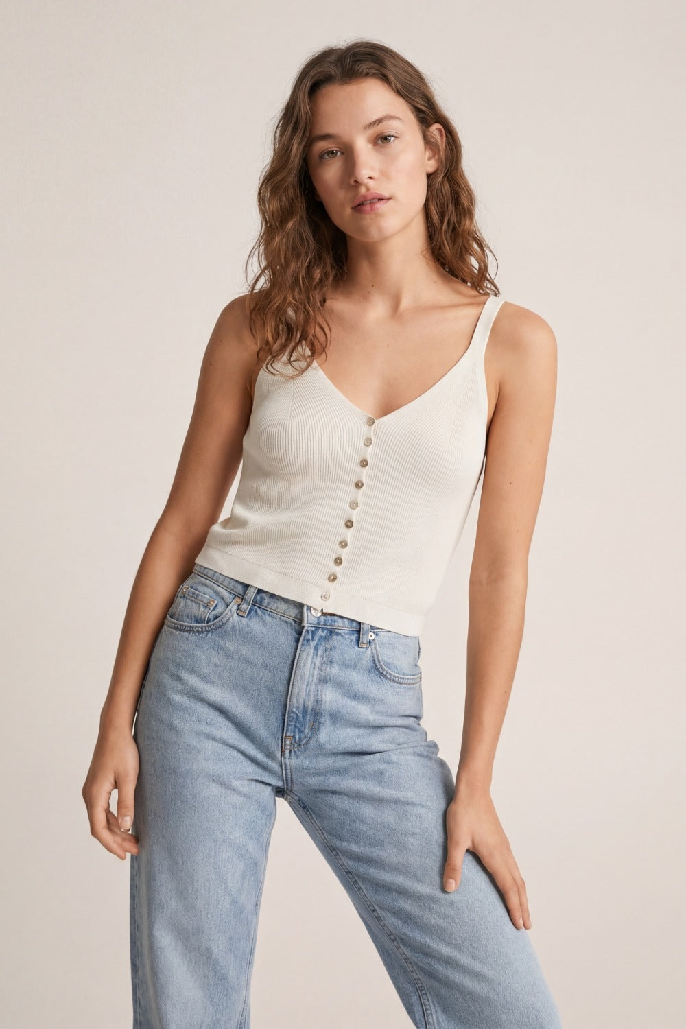 White Knit Buttoned Crop Top