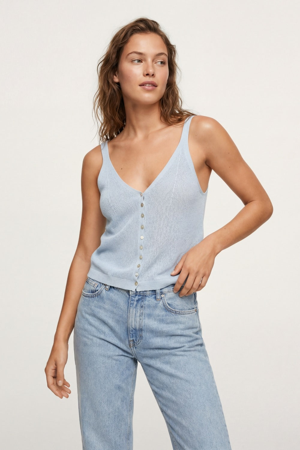 Baby Blue Knit Buttoned Crop Top