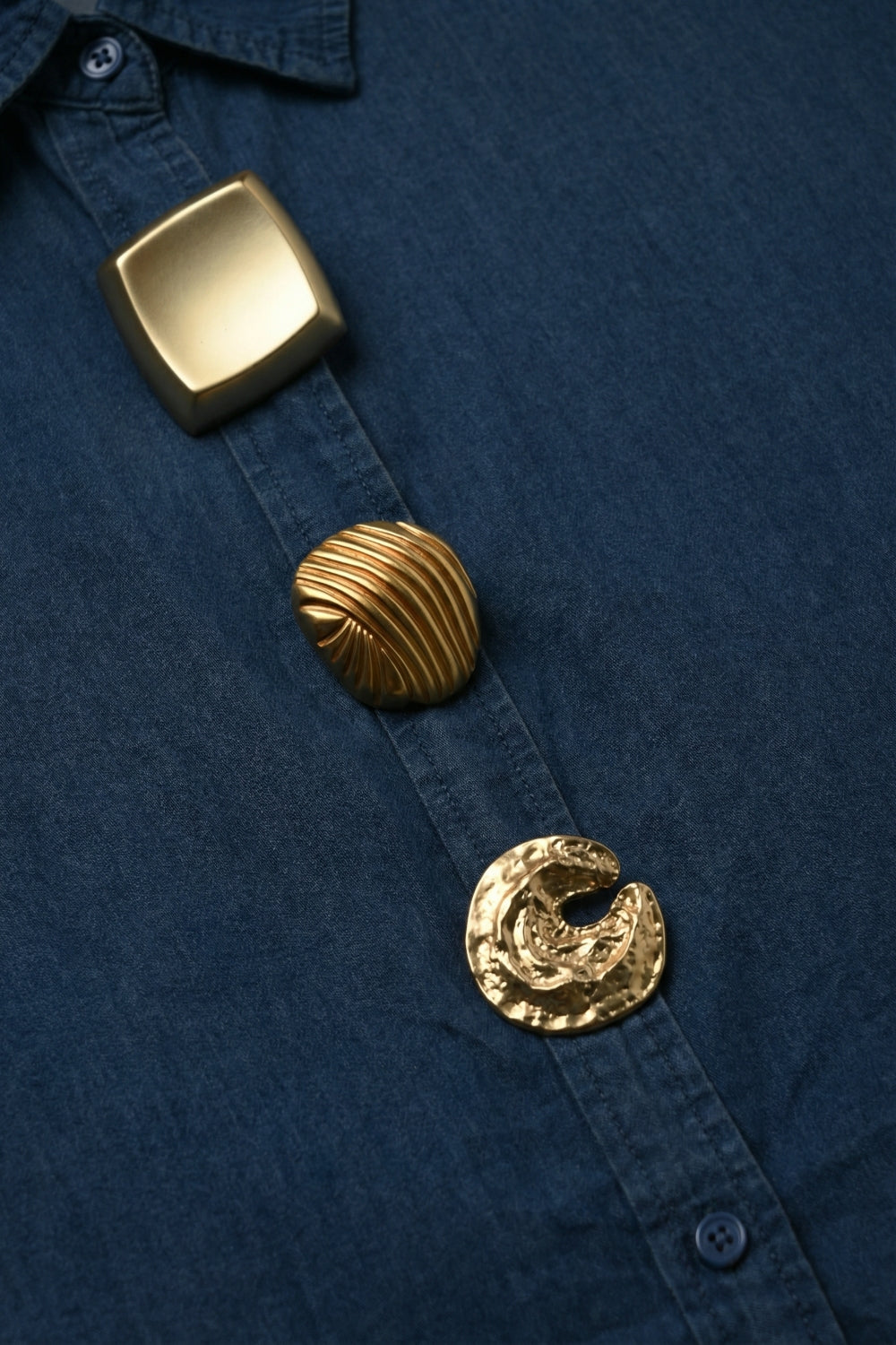Blue Denim Oversize Shirt with Statement gold Buttons - Shirts