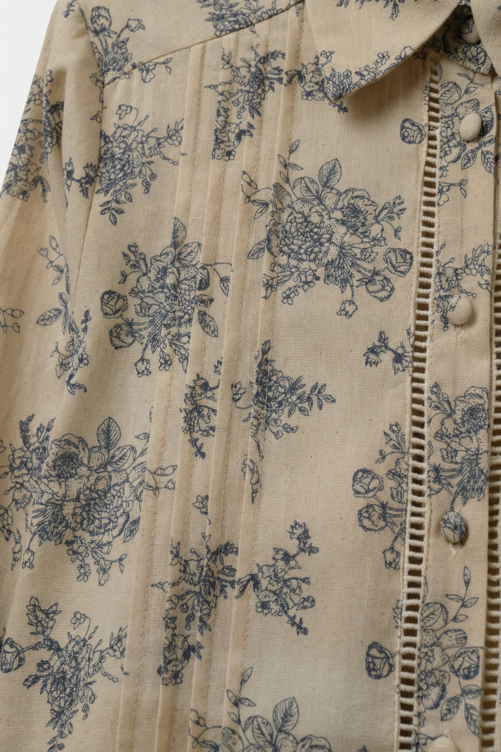 Beige Floral Printed Button-Up Shirt with chrochet Detail - Shirts