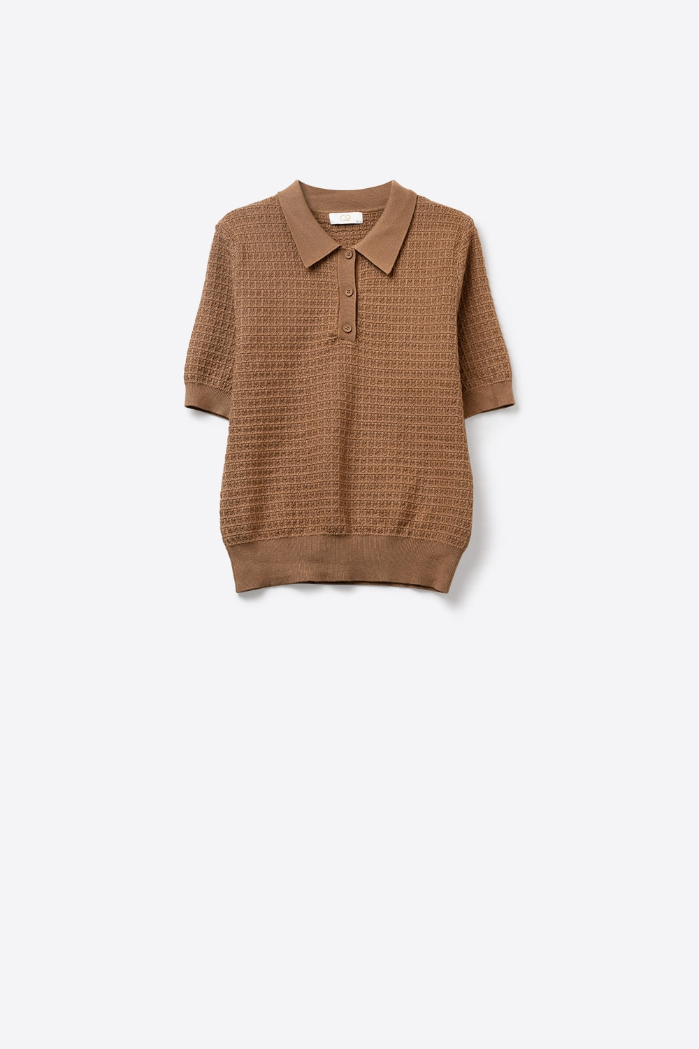 Textured Knit Polo Sweater with Short Sleeves in Camel