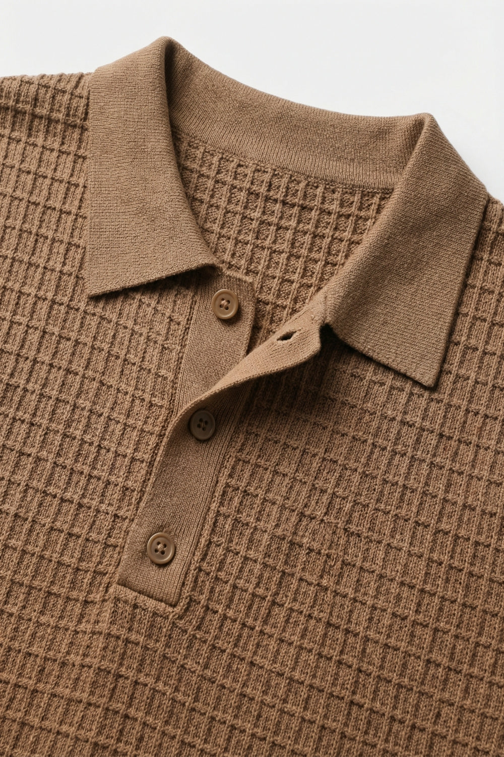 Textured Knit Polo Sweater with Short Sleeves in Camel