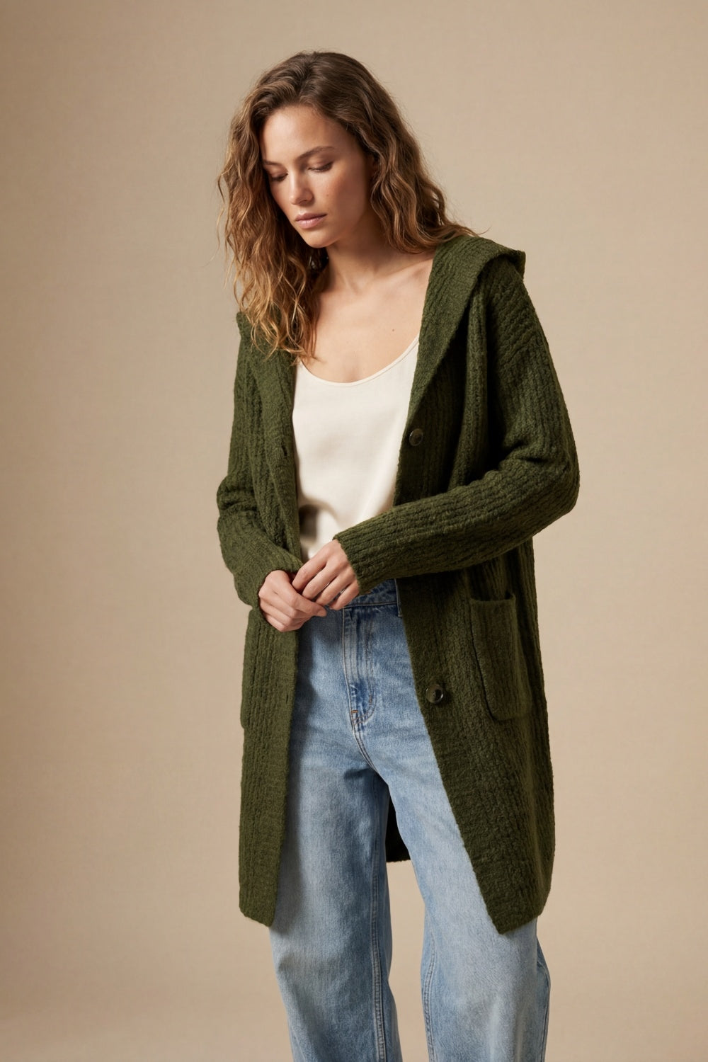 Long Ribbed Cardigan With Pockets and Hood in Khaki