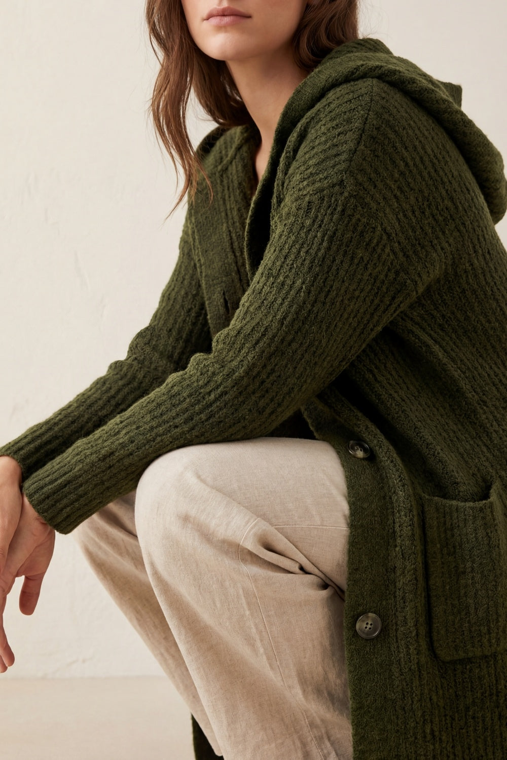 Long Ribbed Cardigan With Pockets and Hood in Khaki