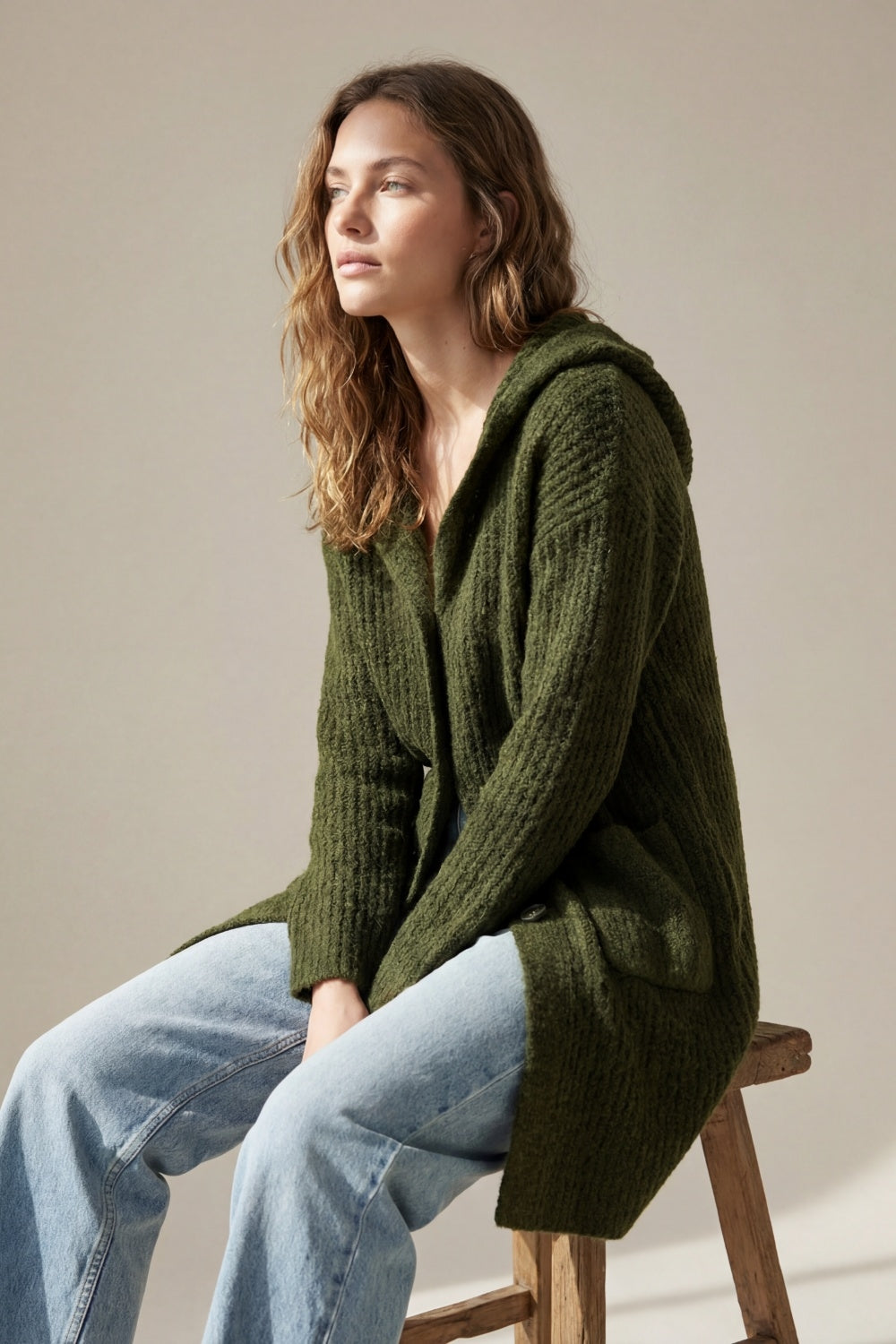 Long Ribbed Cardigan With Pockets and Hood in Khaki