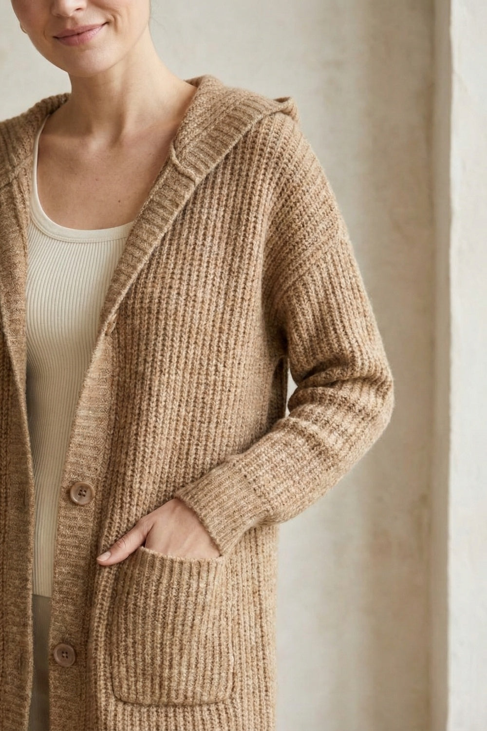 Long Ribbed Cardigan With Pockets and Hood in Camel