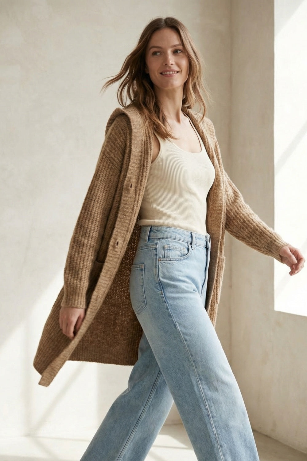 Long Ribbed Cardigan With Pockets and Hood in Camel