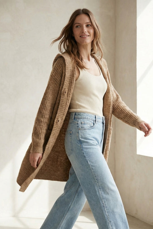 Long Ribbed Cardigan With Pockets and Hood in Camel