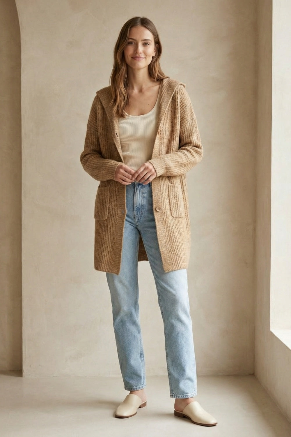 Long Ribbed Cardigan With Pockets and Hood in Camel