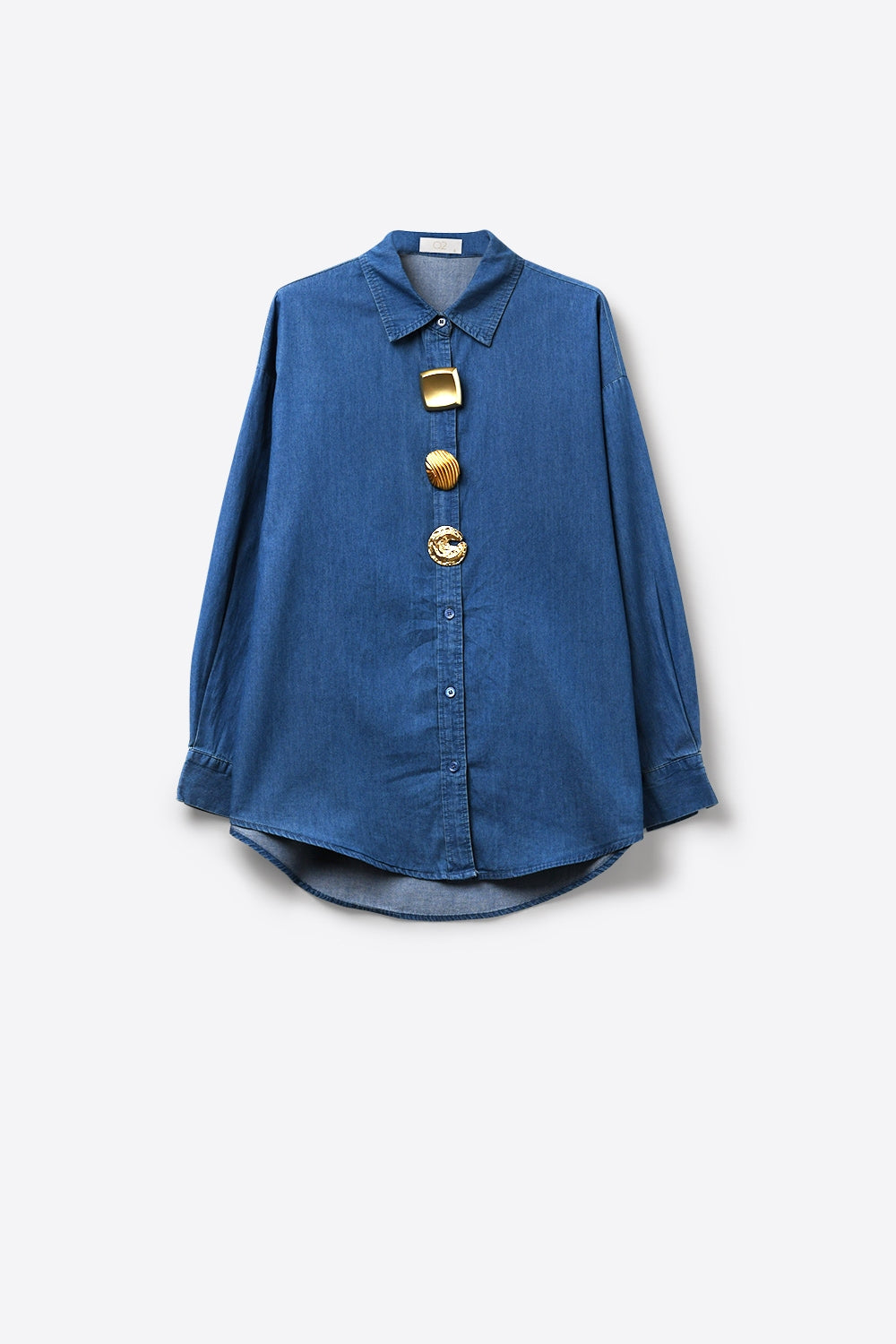 Blue Denim Oversize Shirt with Statement gold Buttons - Shirts